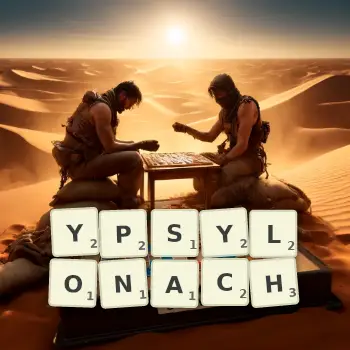 Kreatywna ilustracja do gry w Scrabble ze słowem YPSYLONACH ułożonym z płytek na planszy.
