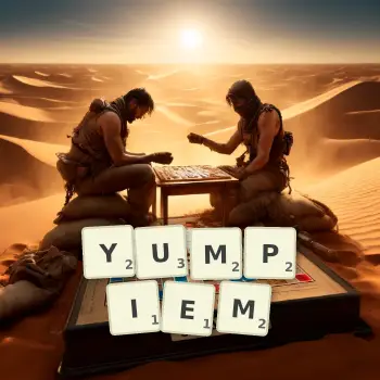 Kreatywna ilustracja do gry w Scrabble ze słowem YUMPIEM ułożonym z płytek na planszy.