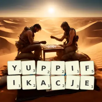 Kreatywna ilustracja do gry w Scrabble ze słowem YUPPIFIKACJE ułożonym z płytek na planszy.