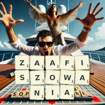 Kreatywna ilustracja do gry w Scrabble ze słowem ZAAFISZOWANIA ułożonym z płytek na planszy.