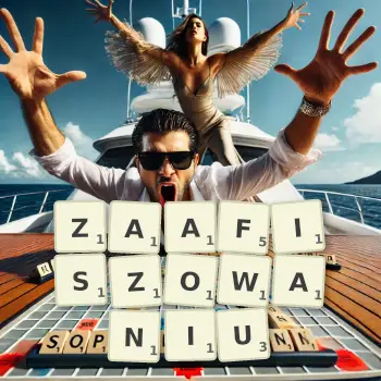 Kreatywna ilustracja do gry w Scrabble ze słowem ZAAFISZOWANIU ułożonym z płytek na planszy.