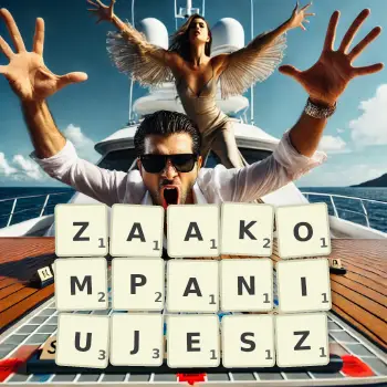 Kreatywna ilustracja do gry w Scrabble ze słowem ZAAKOMPANIUJESZ ułożonym z płytek na planszy.