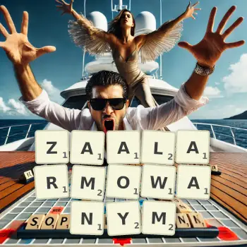 Kreatywna ilustracja do gry w Scrabble ze słowem ZAALARMOWANYM ułożonym z płytek na planszy.