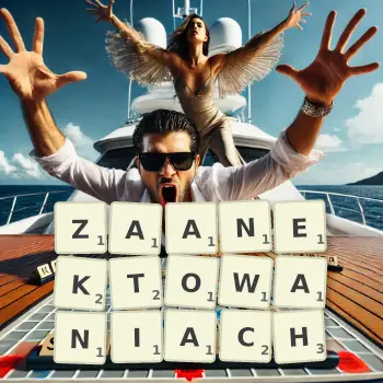 Kreatywna ilustracja do gry w Scrabble ze słowem ZAANEKTOWANIACH ułożonym z płytek na planszy.
