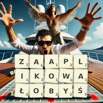 Kreatywna ilustracja do gry w Scrabble ze słowem ZAAPLIKOWAŁOBYŚ ułożonym z płytek na planszy.