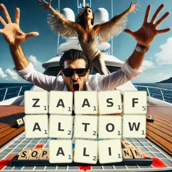 Kreatywna ilustracja do gry w Scrabble ze słowem ZAASFALTOWALI ułożonym z płytek na planszy.