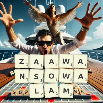 Kreatywna ilustracja do gry w Scrabble ze słowem ZAAWANSOWALAM ułożonym z płytek na planszy.