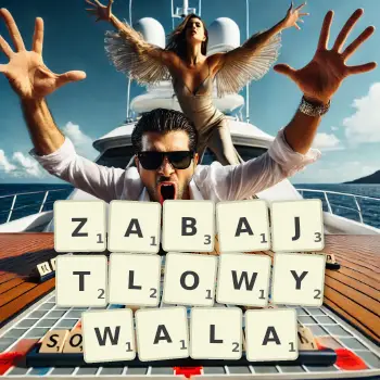 Kreatywna ilustracja do gry w Scrabble ze słowem ZABAJTLOWYWALA ułożonym z płytek na planszy.