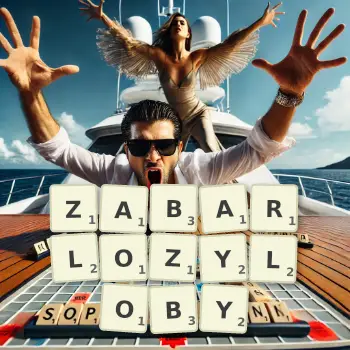 Kreatywna ilustracja do gry w Scrabble ze słowem ZABARLOZYLOBY ułożonym z płytek na planszy.