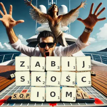 Kreatywna ilustracja do gry w Scrabble ze słowem ZABIJSKOŚCIOM ułożonym z płytek na planszy.