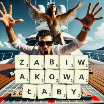 Kreatywna ilustracja do gry w Scrabble ze słowem ZABIWAKOWAŁABY ułożonym z płytek na planszy.