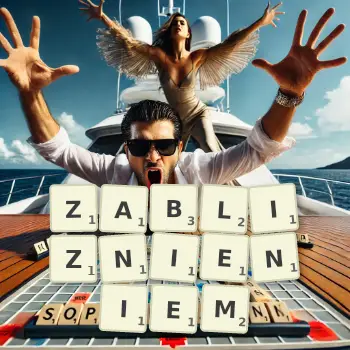 Kreatywna ilustracja do gry w Scrabble ze słowem ZABLIZNIENIEM ułożonym z płytek na planszy.
