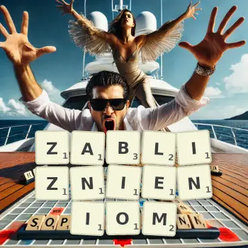 Kreatywna ilustracja do gry w Scrabble ze słowem ZABLIZNIENIOM ułożonym z płytek na planszy.
