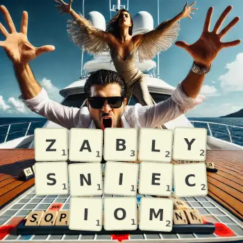 Kreatywna ilustracja do gry w Scrabble ze słowem ZABLYSNIECIOM ułożonym z płytek na planszy.