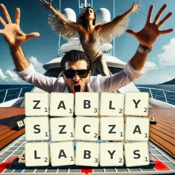 Kreatywna ilustracja do gry w Scrabble ze słowem ZABLYSZCZALABYS ułożonym z płytek na planszy.