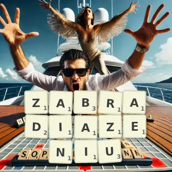 Kreatywna ilustracja do gry w Scrabble ze słowem ZABRADIAZENIU ułożonym z płytek na planszy.
