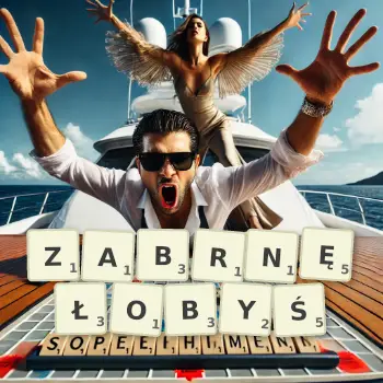 Kreatywna ilustracja do gry w Scrabble ze słowem ZABRNĘŁOBYŚ ułożonym z płytek na planszy.