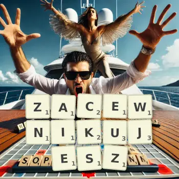 Kreatywna ilustracja do gry w Scrabble ze słowem ZACEWNIKUJESZ ułożonym z płytek na planszy.
