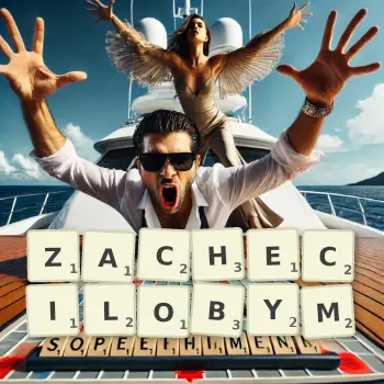 Kreatywna ilustracja do gry w Scrabble ze słowem ZACHECILOBYM ułożonym z płytek na planszy.