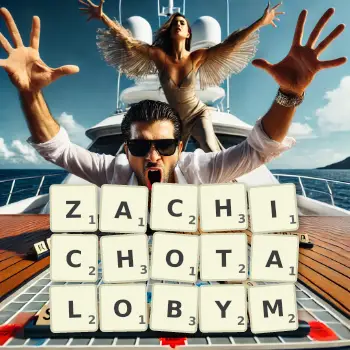 Kreatywna ilustracja do gry w Scrabble ze słowem ZACHICHOTALOBYM ułożonym z płytek na planszy.