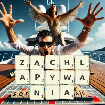 Kreatywna ilustracja do gry w Scrabble ze słowem ZACHLAPYWANIA ułożonym z płytek na planszy.