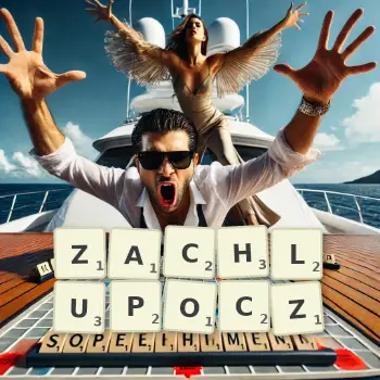 Kreatywna ilustracja do gry w Scrabble ze słowem ZACHLUPOCZ ułożonym z płytek na planszy.