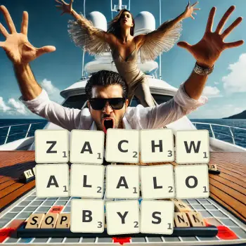 Kreatywna ilustracja do gry w Scrabble ze słowem ZACHWALALOBYS ułożonym z płytek na planszy.