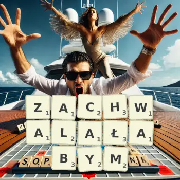 Kreatywna ilustracja do gry w Scrabble ze słowem ZACHWALAŁABYM ułożonym z płytek na planszy.