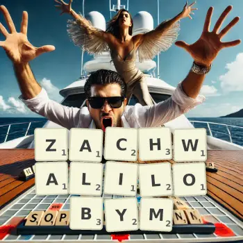 Kreatywna ilustracja do gry w Scrabble ze słowem ZACHWALILOBYM ułożonym z płytek na planszy.