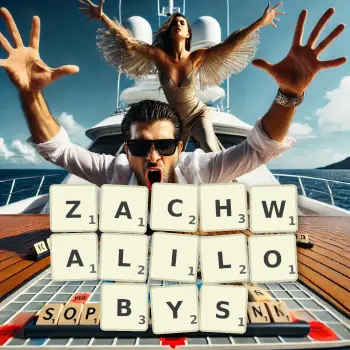 Kreatywna ilustracja do gry w Scrabble ze słowem ZACHWALILOBYS ułożonym z płytek na planszy.