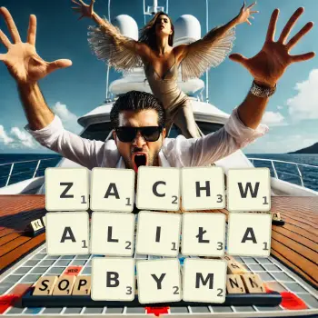 Kreatywna ilustracja do gry w Scrabble ze słowem ZACHWALIŁABYM ułożonym z płytek na planszy.