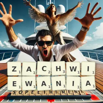 Kreatywna ilustracja do gry w Scrabble ze słowem ZACHWIEWANIA ułożonym z płytek na planszy.