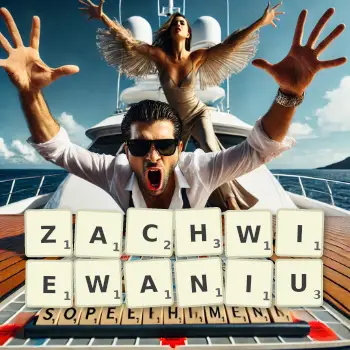 Kreatywna ilustracja do gry w Scrabble ze słowem ZACHWIEWANIU ułożonym z płytek na planszy.