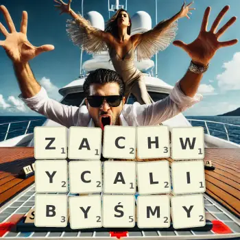 Kreatywna ilustracja do gry w Scrabble ze słowem ZACHWYCALIBYŚMY ułożonym z płytek na planszy.