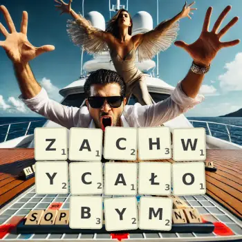 Kreatywna ilustracja do gry w Scrabble ze słowem ZACHWYCAŁOBYM ułożonym z płytek na planszy.