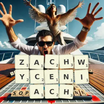 Kreatywna ilustracja do gry w Scrabble ze słowem ZACHWYCENIACH ułożonym z płytek na planszy.