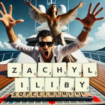 Kreatywna ilustracja do gry w Scrabble ze słowem ZACHYLILIBY ułożonym z płytek na planszy.