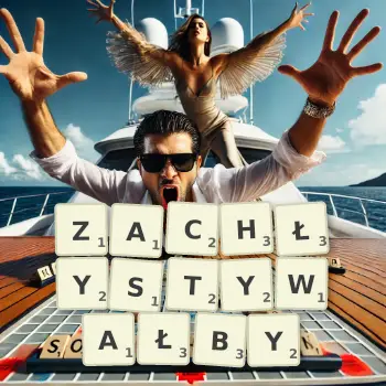 Kreatywna ilustracja do gry w Scrabble ze słowem ZACHŁYSTYWAŁBY ułożonym z płytek na planszy.