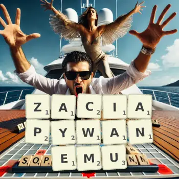 Kreatywna ilustracja do gry w Scrabble ze słowem ZACIAPYWANEMU ułożonym z płytek na planszy.