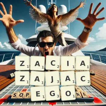 Kreatywna ilustracja do gry w Scrabble ze słowem ZACIAZAJACEGO ułożonym z płytek na planszy.
