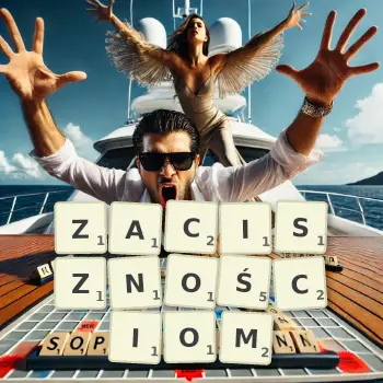 Kreatywna ilustracja do gry w Scrabble ze słowem ZACISZNOŚCIOM ułożonym z płytek na planszy.