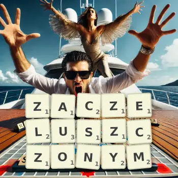 Kreatywna ilustracja do gry w Scrabble ze słowem ZACZELUSZCZONYM ułożonym z płytek na planszy.
