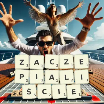 Kreatywna ilustracja do gry w Scrabble ze słowem ZACZEPIALIŚCIE ułożonym z płytek na planszy.