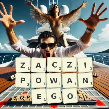 Kreatywna ilustracja do gry w Scrabble ze słowem ZACZIPOWANEGO ułożonym z płytek na planszy.