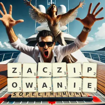 Kreatywna ilustracja do gry w Scrabble ze słowem ZACZIPOWANIE ułożonym z płytek na planszy.
