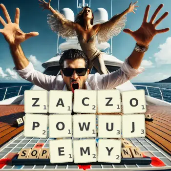 Kreatywna ilustracja do gry w Scrabble ze słowem ZACZOPOWUJEMY ułożonym z płytek na planszy.