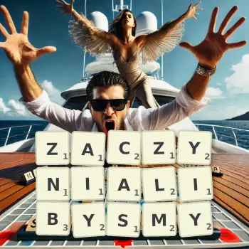 Kreatywna ilustracja do gry w Scrabble ze słowem ZACZYNIALIBYSMY ułożonym z płytek na planszy.