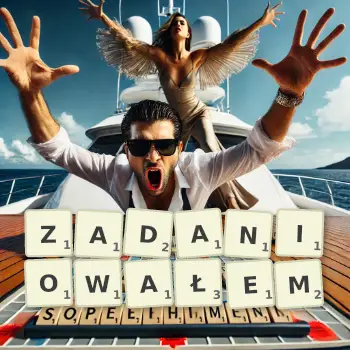 Kreatywna ilustracja do gry w Scrabble ze słowem ZADANIOWAŁEM ułożonym z płytek na planszy.