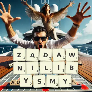 Kreatywna ilustracja do gry w Scrabble ze słowem ZADAWNILIBYSMY ułożonym z płytek na planszy.