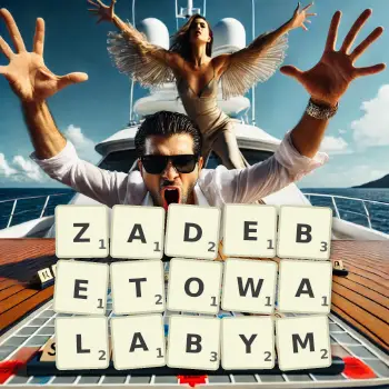 Kreatywna ilustracja do gry w Scrabble ze słowem ZADEBETOWALABYM ułożonym z płytek na planszy.